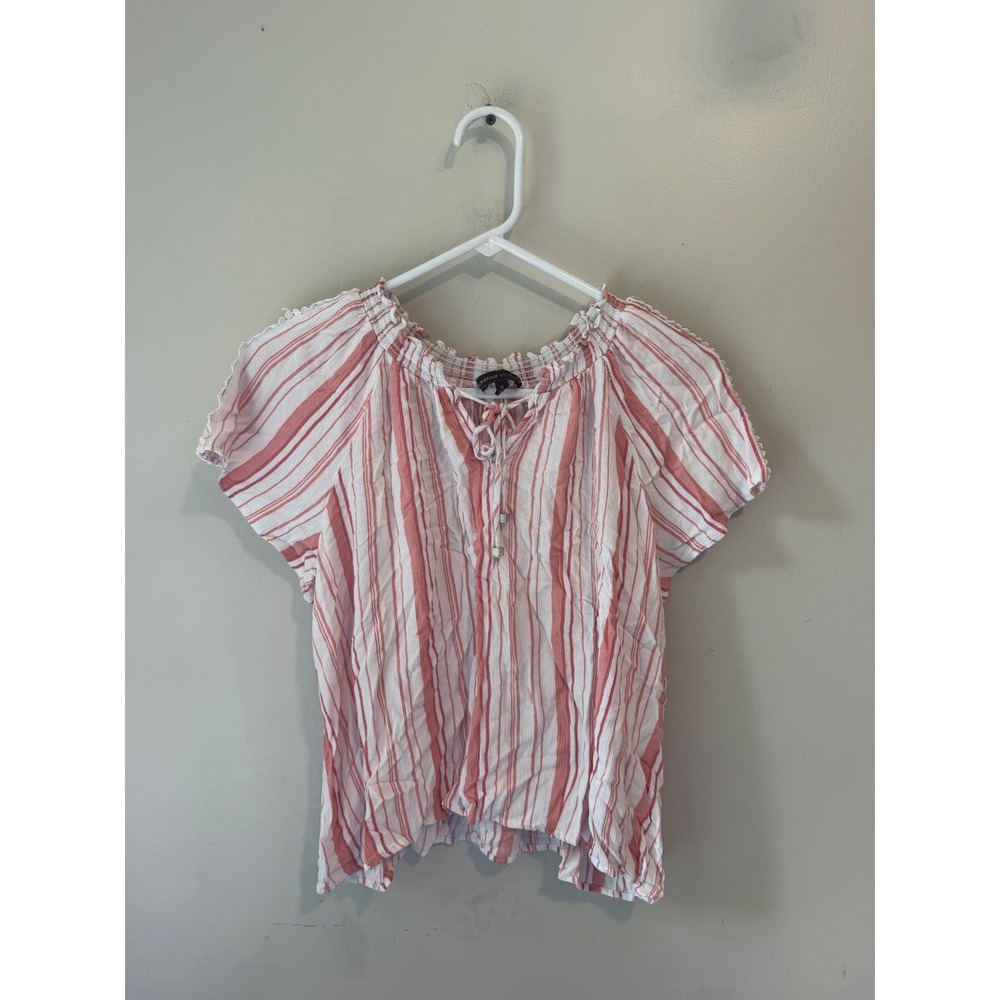 Adrienne Vittadini Red White Striped Lace Trim Peasant Blouse XL VW32883